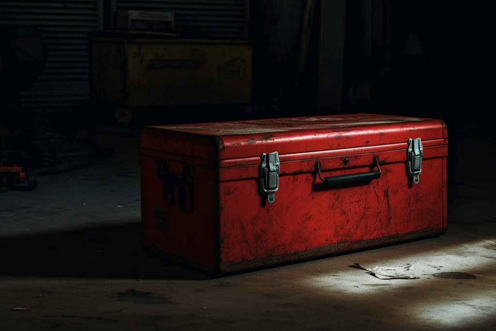 dirty red tool box sitting on a concrete floor in a dusty garage