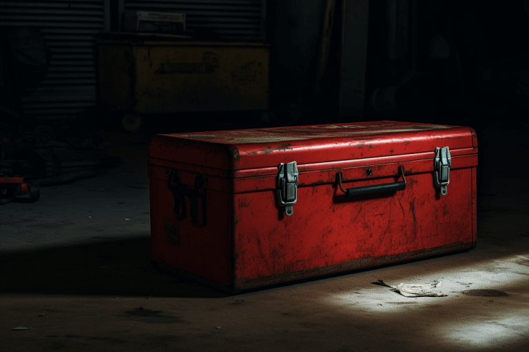 dirty red tool box sitting on a concrete floor in a dusty garage