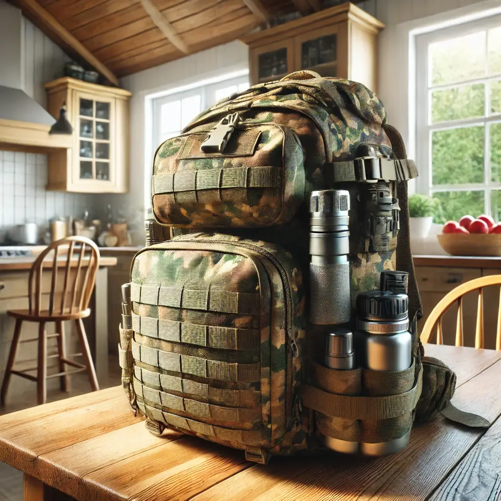 full backpack in jungle camouflage colors, designed as a survival kit for a prepper