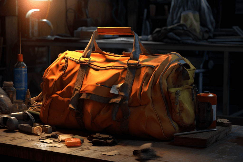 Well-worn duffle bag with survival kit items