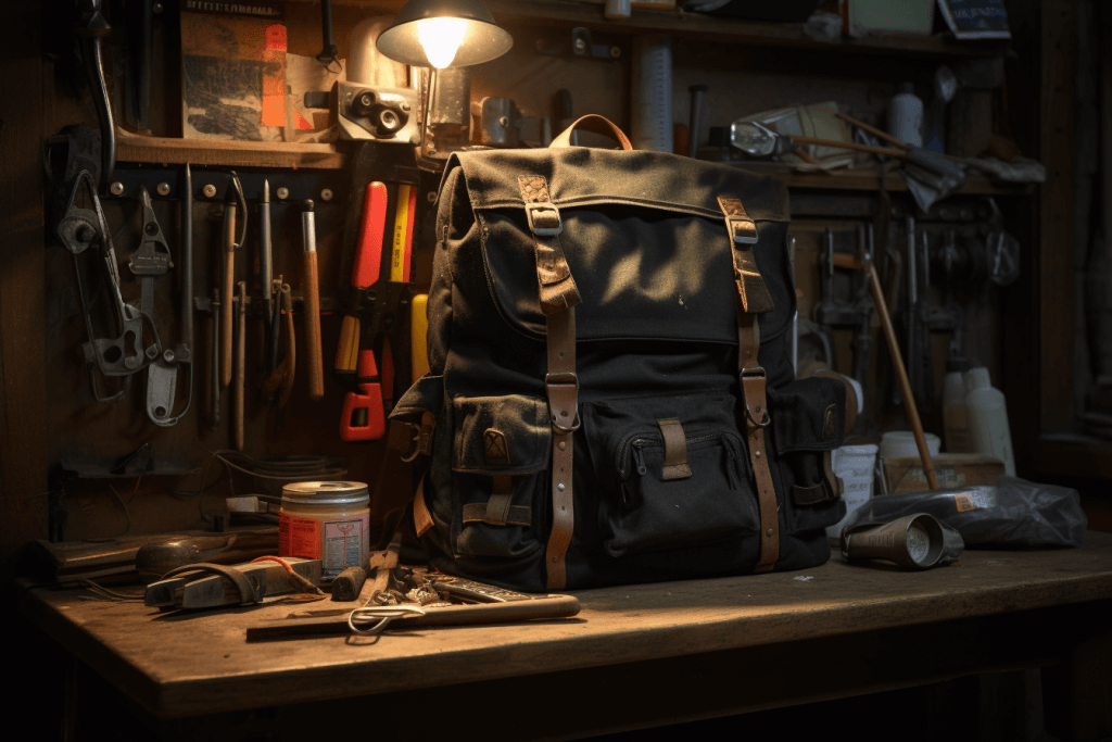 well worn black backpack sitting on an old workbench survival kit ideas