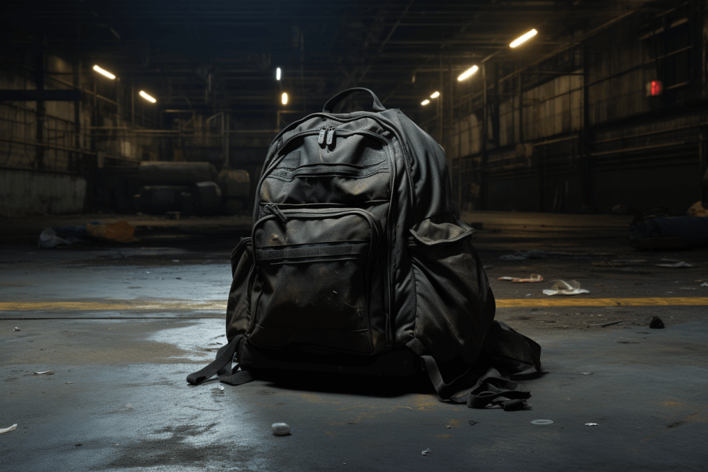 well worn black backpac with carrying handles, sitting on a concrete floor in a dusty garage