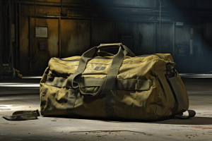 olive drab duffle bag survival kit on concrete floor