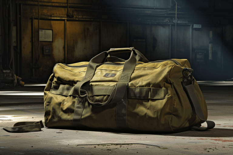 olive drab duffle bag survival kit on concrete floor