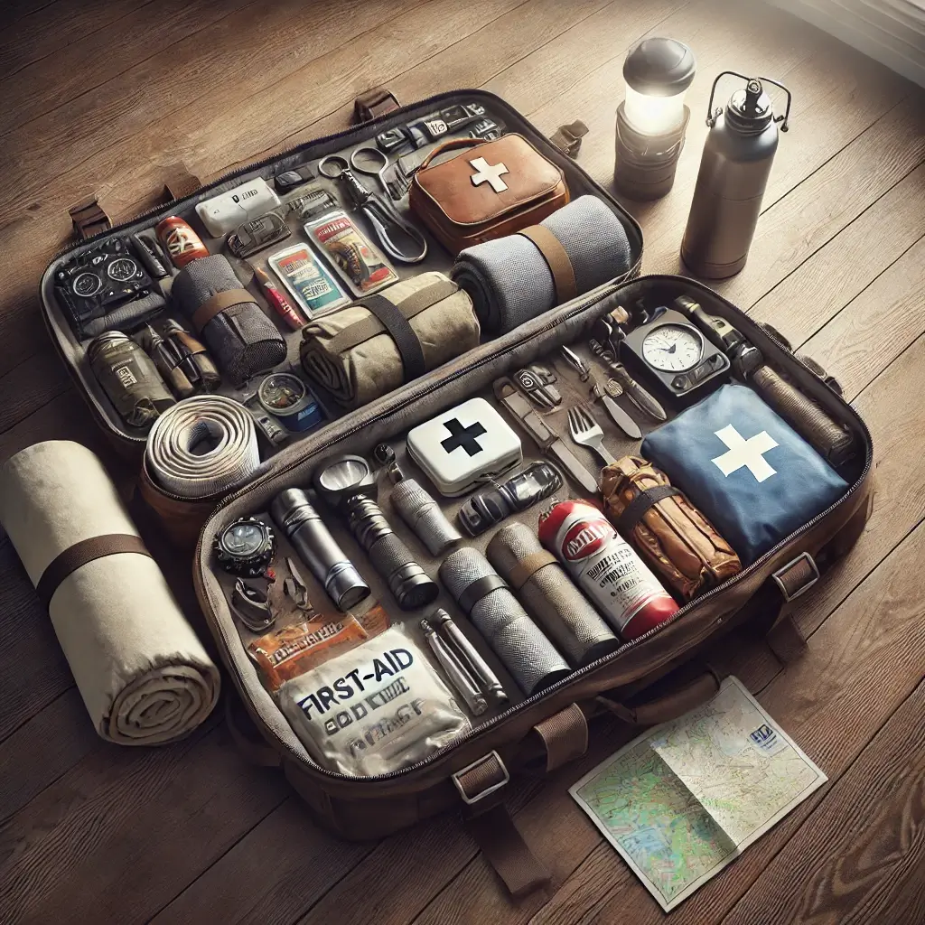 an open duffle bag neatly packed with survival and prepper gear