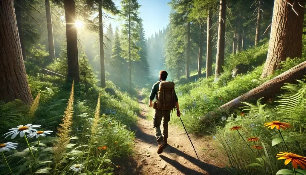 hiker beginning a trek into a lush, green forest